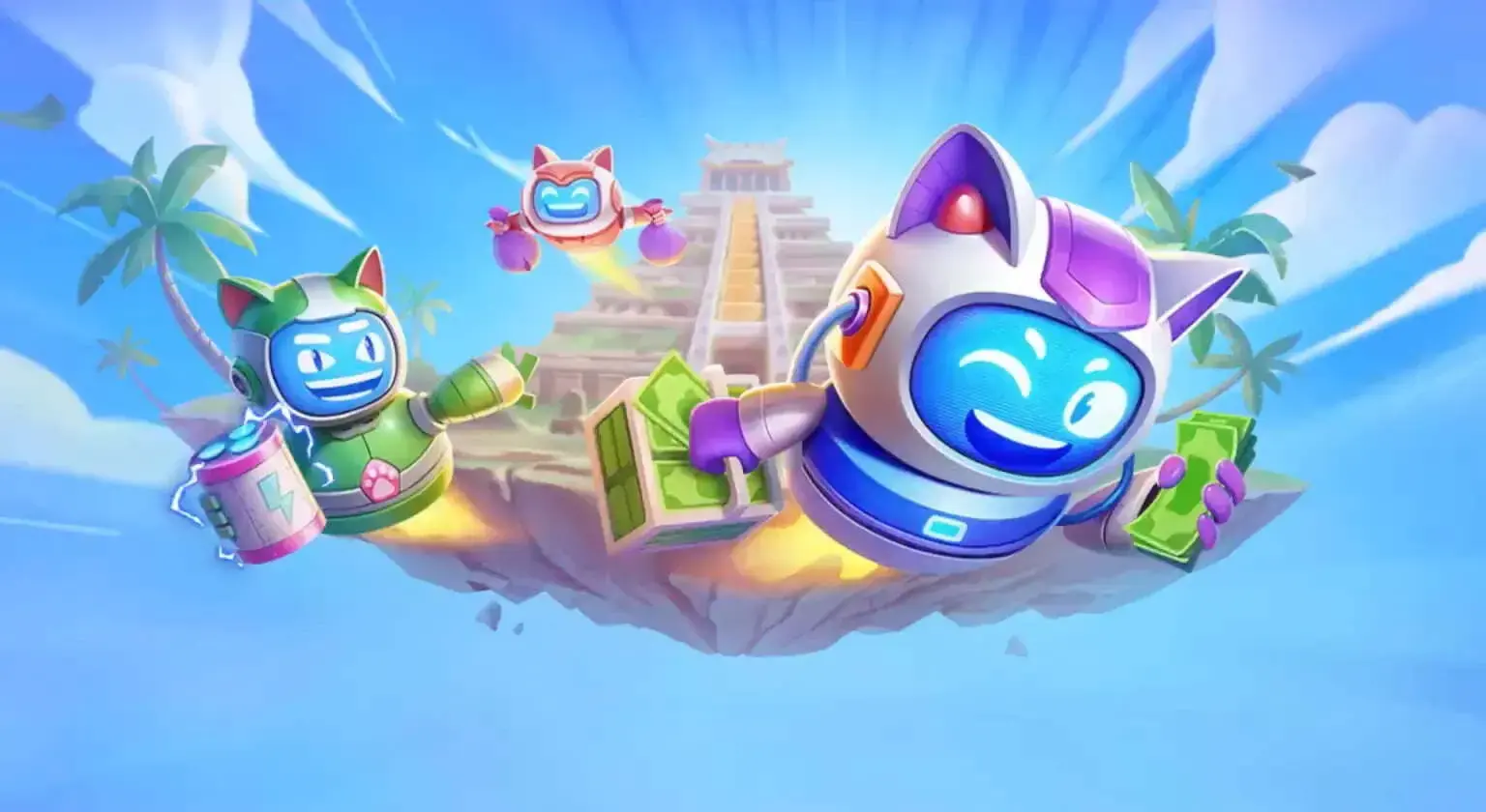 Robocat games – robotkatten met stapels geld op een zwevend eiland met tempel