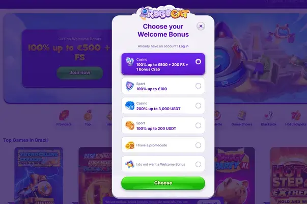 Registratieformulier van Robocat Casino (internationale versie)